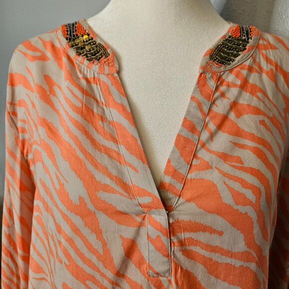 Chico's Embellished Neck Tunic Women's SZ 2P 12/14 Large Zebra Nectarine Blouse - Picture 6 of 14